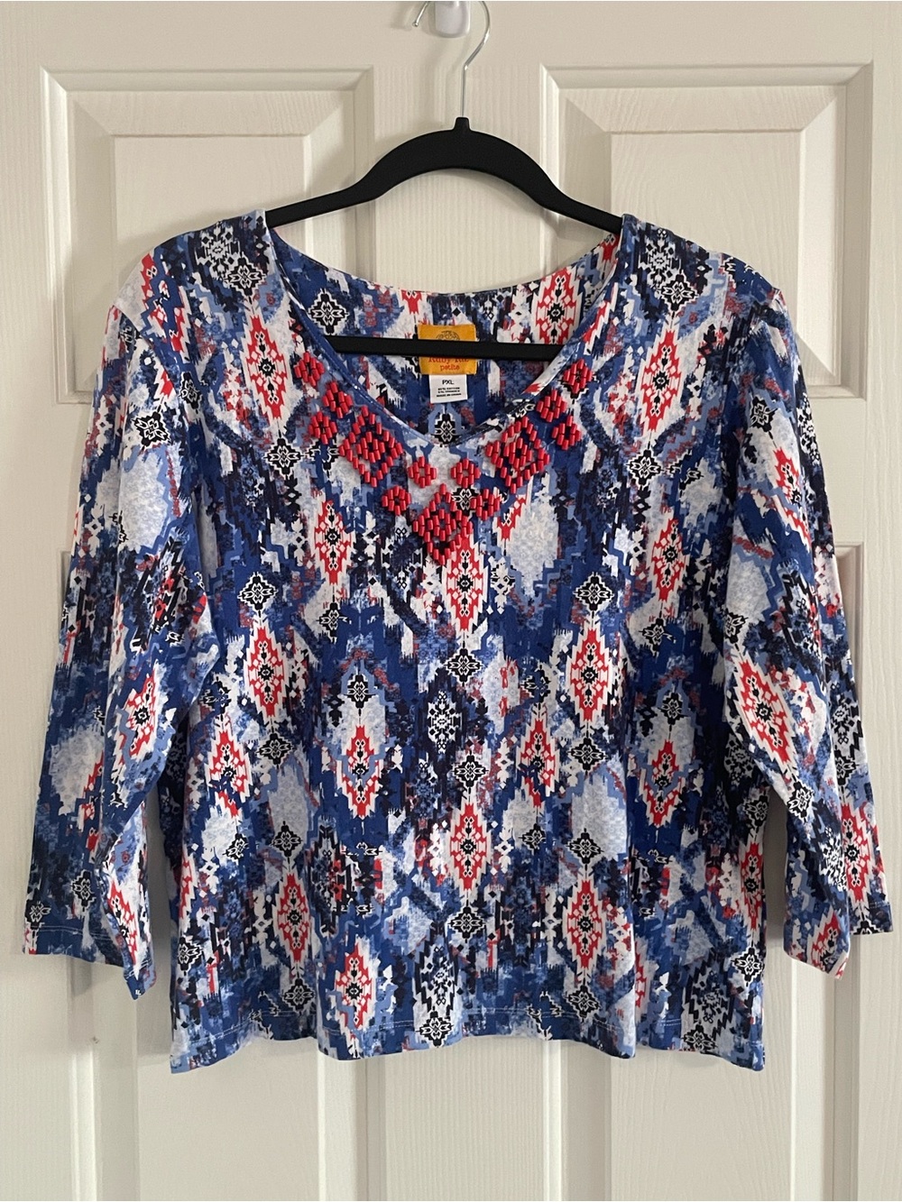 Ruby Rd. Blue Red Multi-Pattern V-Neck Long Sleeve Top